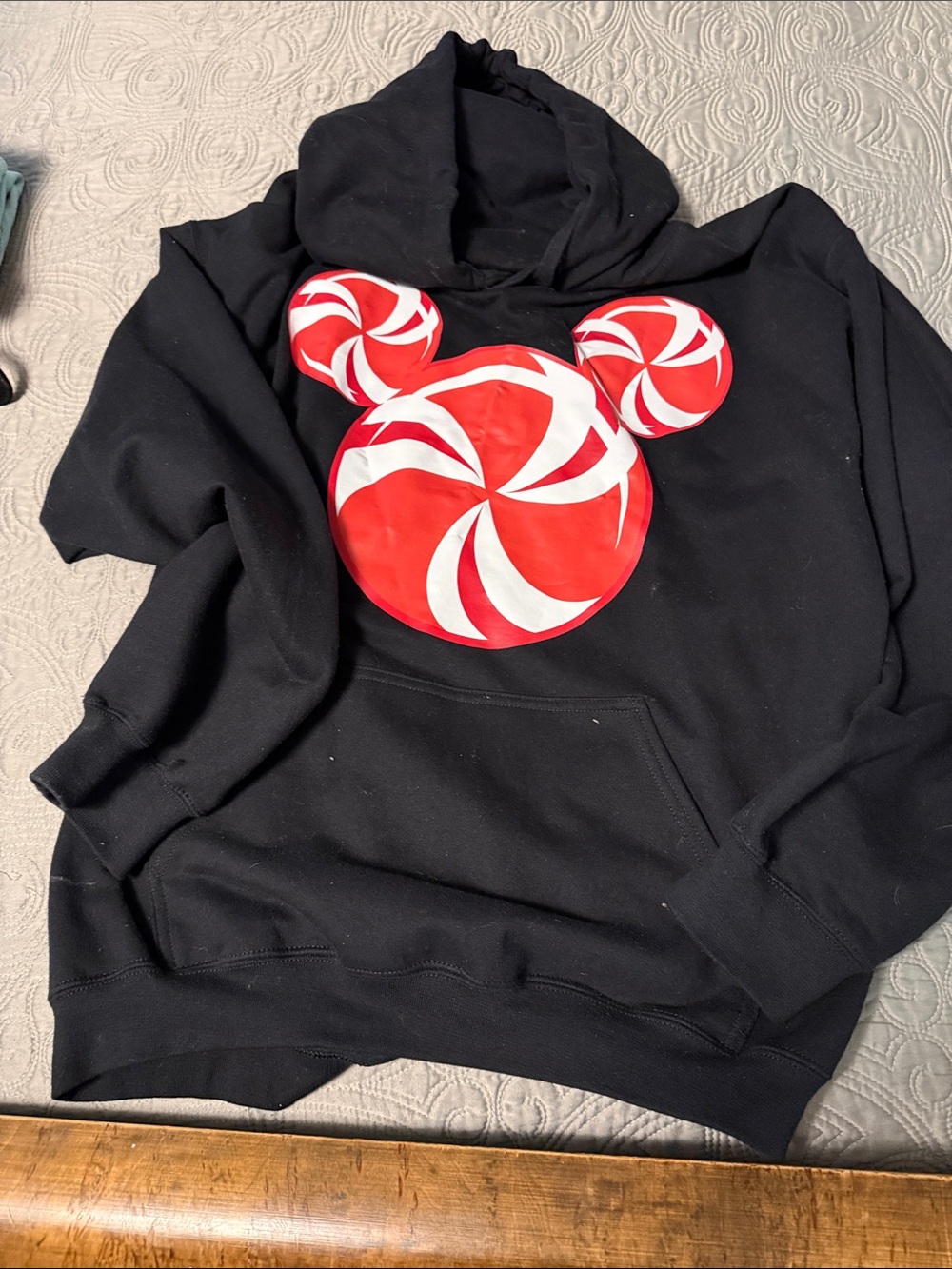 Disney Black Crewneck Sweatshirt with Red & White Peppermint Mickey Graphic